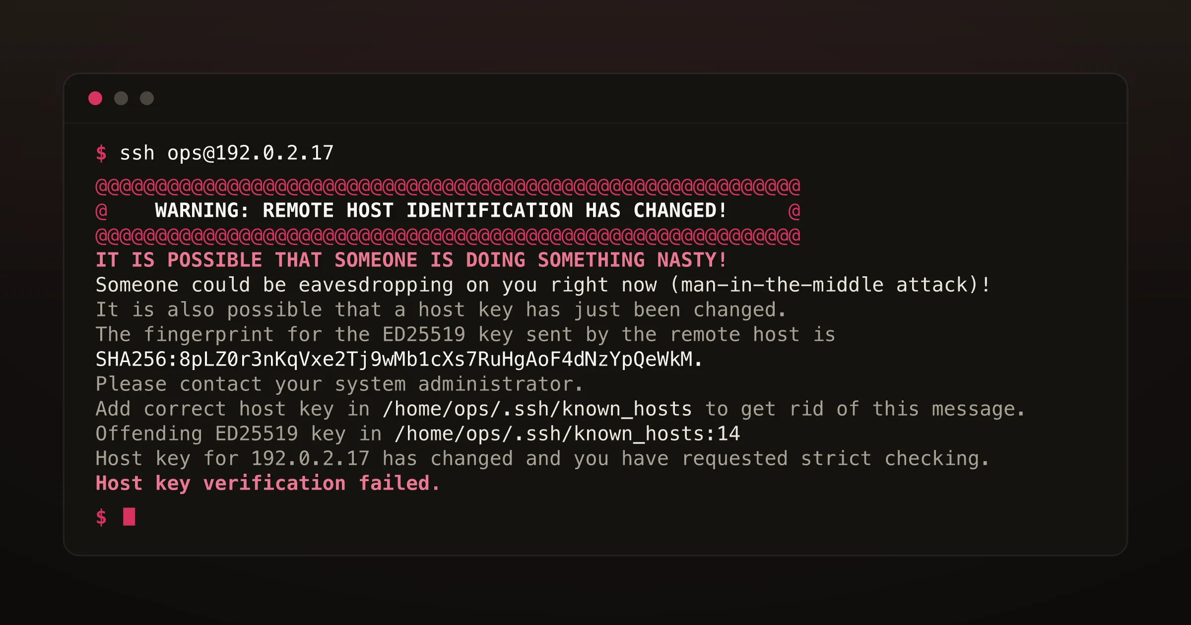 A dark terminal showing OpenSSH's native 'WARNING: REMOTE HOST IDENTIFICATION HAS CHANGED!' message after an SSH login to a VM, ending in 'Host key verification failed.'