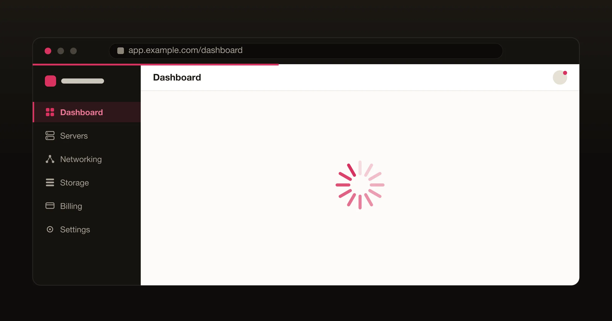 A cloud dashboard stuck loading: the dark sidebar and top bar have rendered, but the white main content area sits blank except for a spinner.